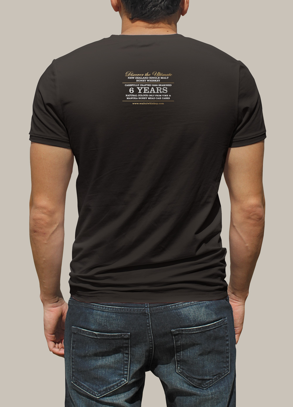 Back of Waitui screenprinted promotional tshirt. “Discover the Ultimate New Zealand Single Malt Honey Whiskey.”