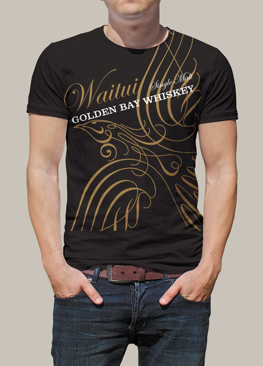 Front of Waitui screenprinted promotional tshirt. “Waitui Single Malt Golden Bay Whiskey”. Promotional products are a form of advertising that gets your brand noticed and delivers excellent engagement.