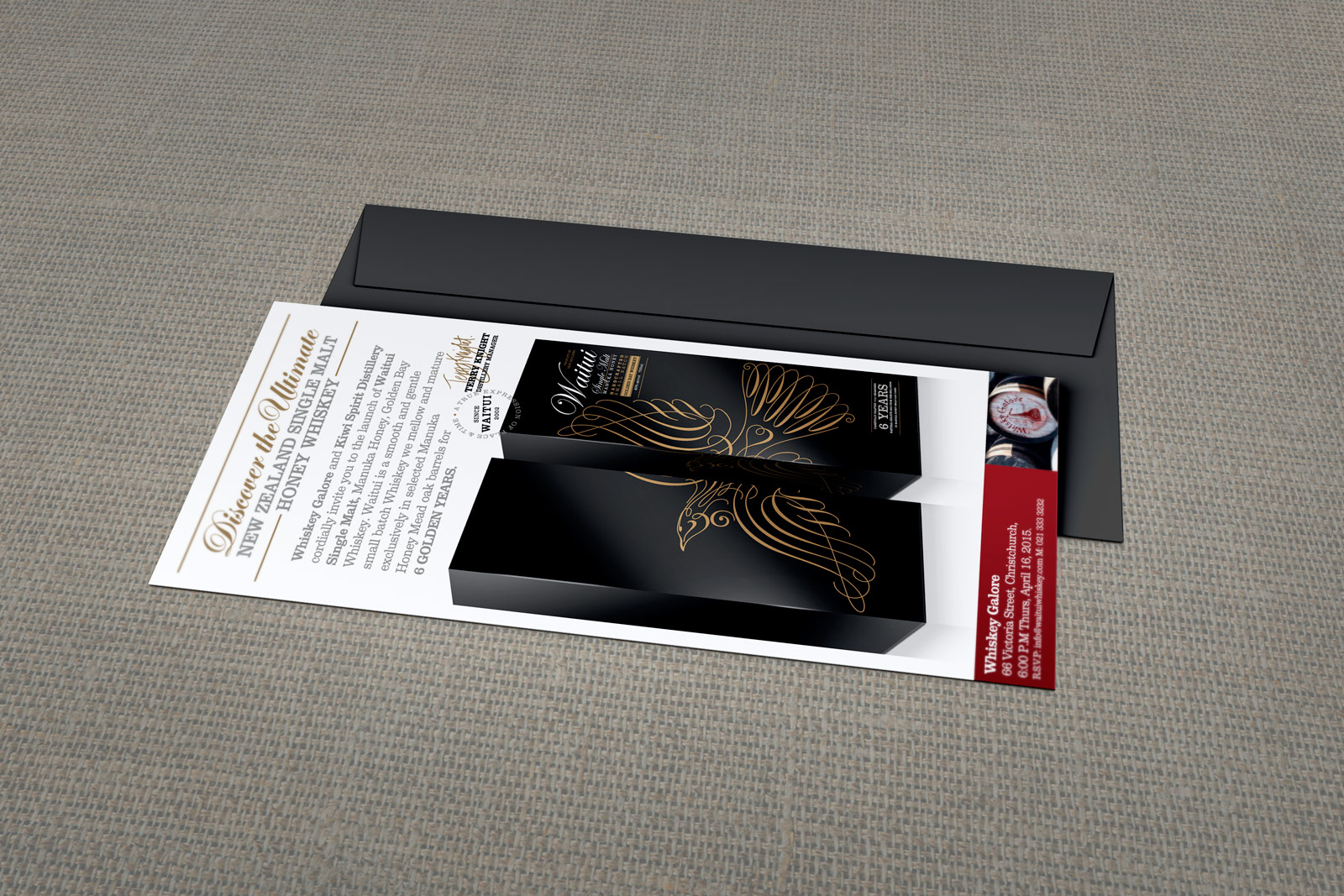 Kiwi Spirit / Whiskey Galore co-branded launch event invitation, digitally printed full colour two sided DL card mock up with envelope. “Discover the Ultimate New Zealand Single Malt Honey Whiskey”.