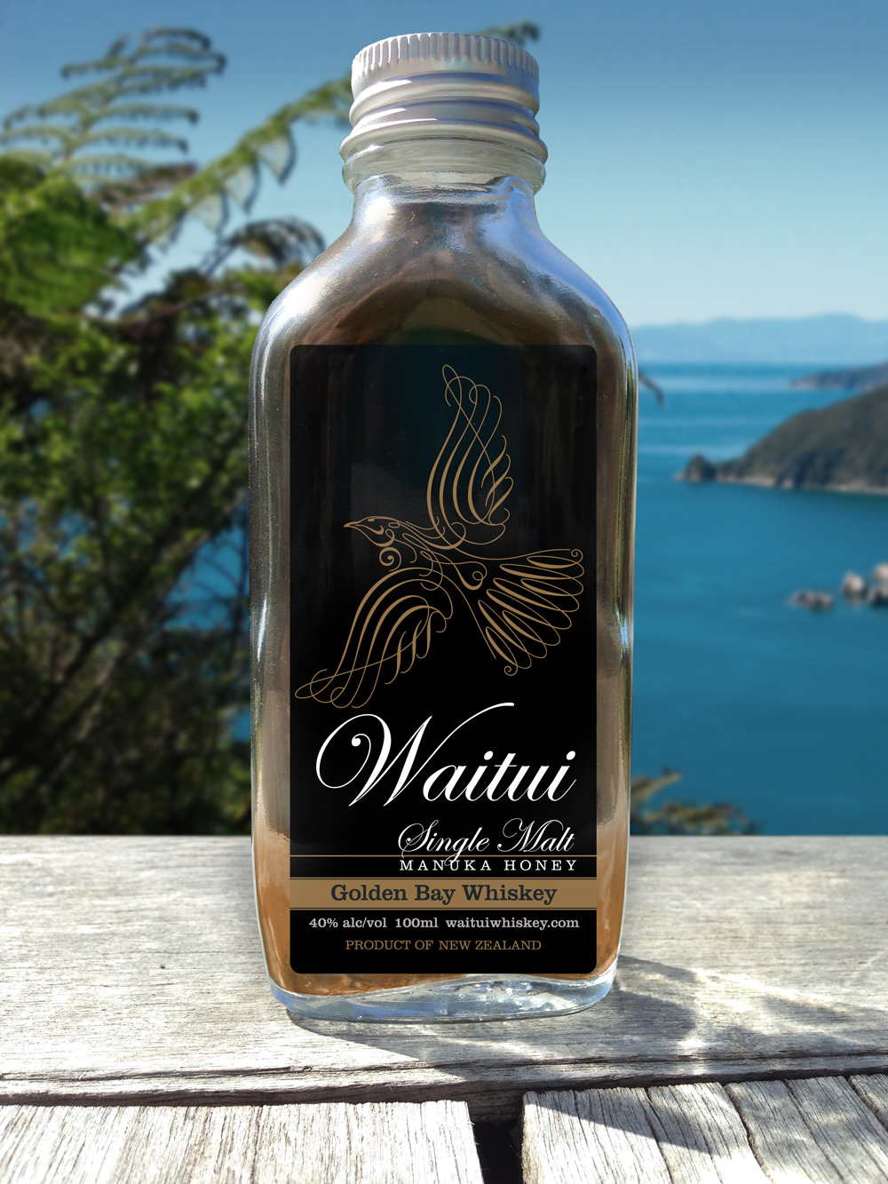 Waitui Single Malt Manuka Honey Golden Bay Whiskey 100ml sample bottle label mockup. Sample bottles are a useful sales and marketing premium at the launch event and in ongoing marketing and promotional efforts.