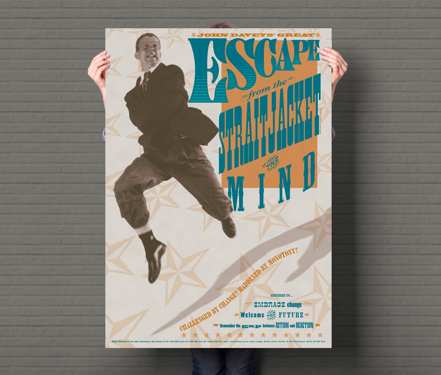 Escape from the Straitjacket of the Mind, 2 colour A1 portrait poster.