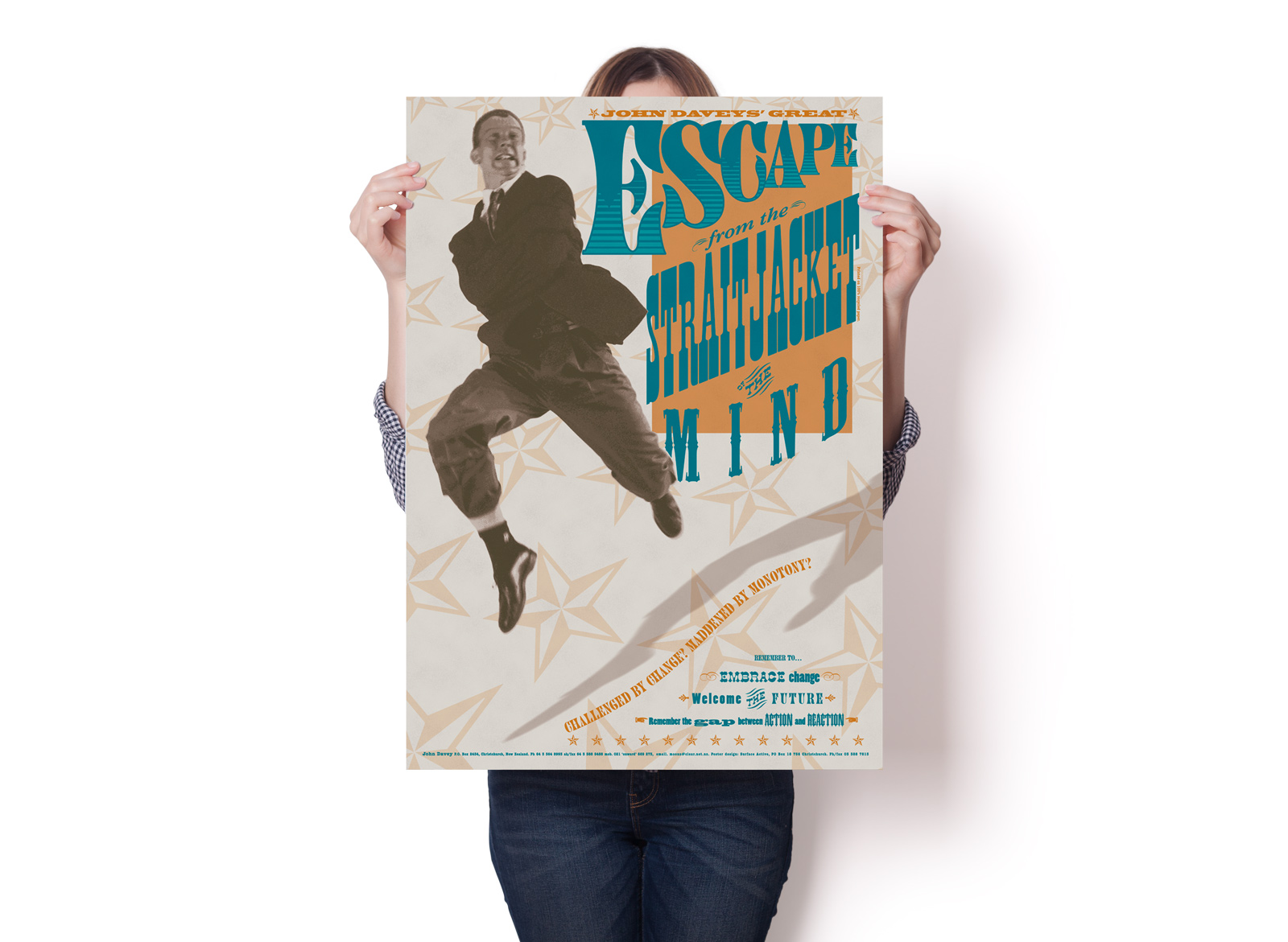 Escape from the Straitjacket of the Mind, 2 colour A2 portrait poster.