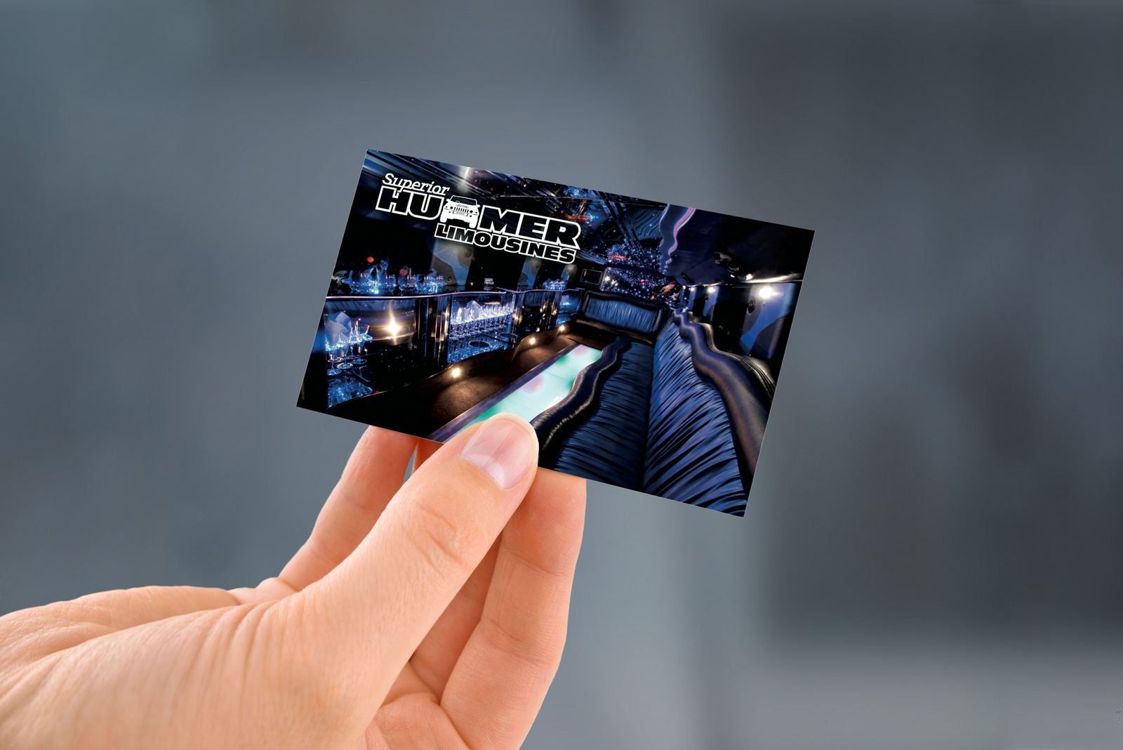 Verso of Superior Hummer Limo’s business card, Branding, logo design, full colour design, printed front and back of card, Brand and identity systems design, Typography, Print production, digital print, Christchurch, New Zealand.