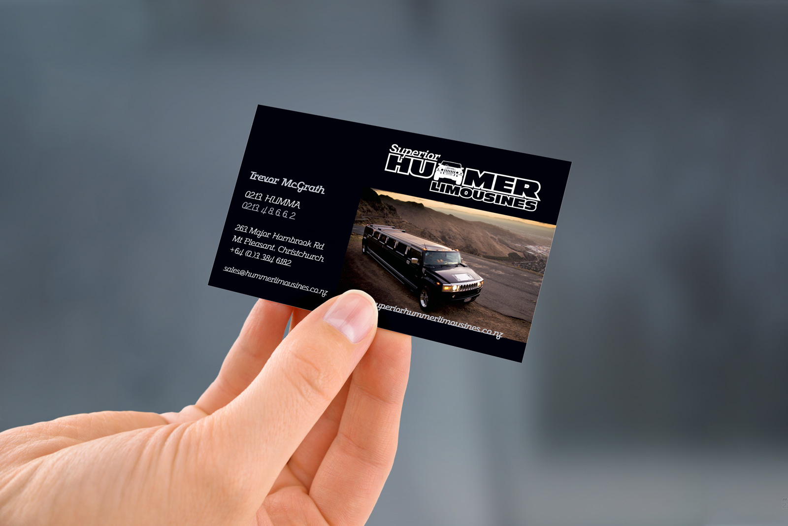 Front of Superior Hummer Limo’s business card, Branding, logo design, full colour design, printed front and back of card, Brand and identity systems design, Typography, Print production, digital print, Christchurch, New Zealand.
