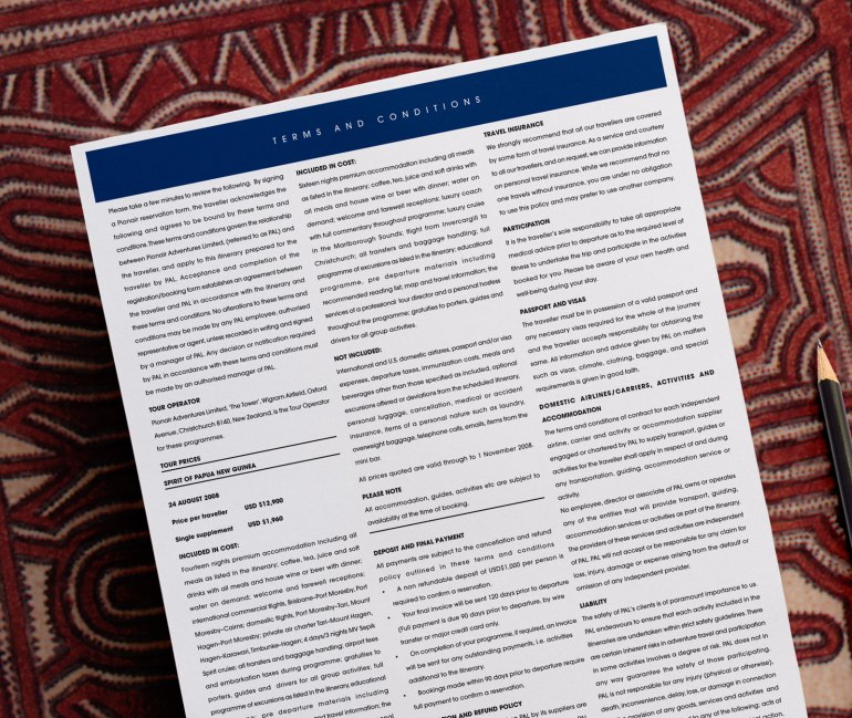 Hidden Gems “Spirit of Papua New Guinea” Pionair escorted tour, reservation form closeup.