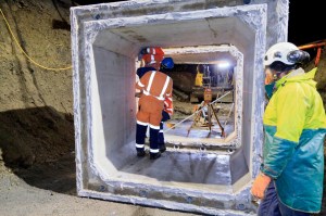 Detail of caulking on the compression joint between the two mating concrete sections.