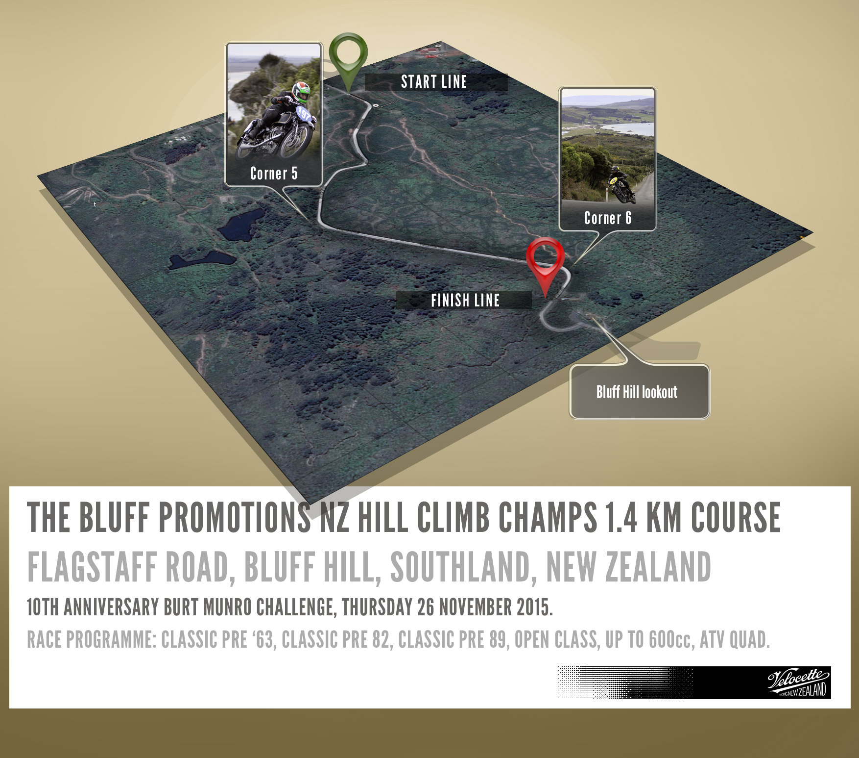 Map of The Bluff NZ Hill Climb Championships 1.4 km course showing photography locations.