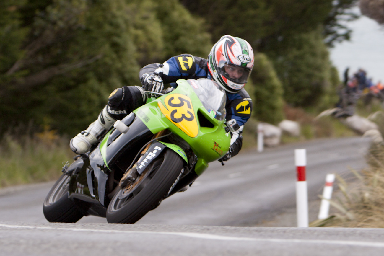Bluff HIll Climb, Burt Munro Challenge, Flagstaff Road, Kawasaki ZX6RR 600, Mike Sullivan, Motupohue, New Zealand, NZ Hill Climb Champs, Open Class, Rider 53