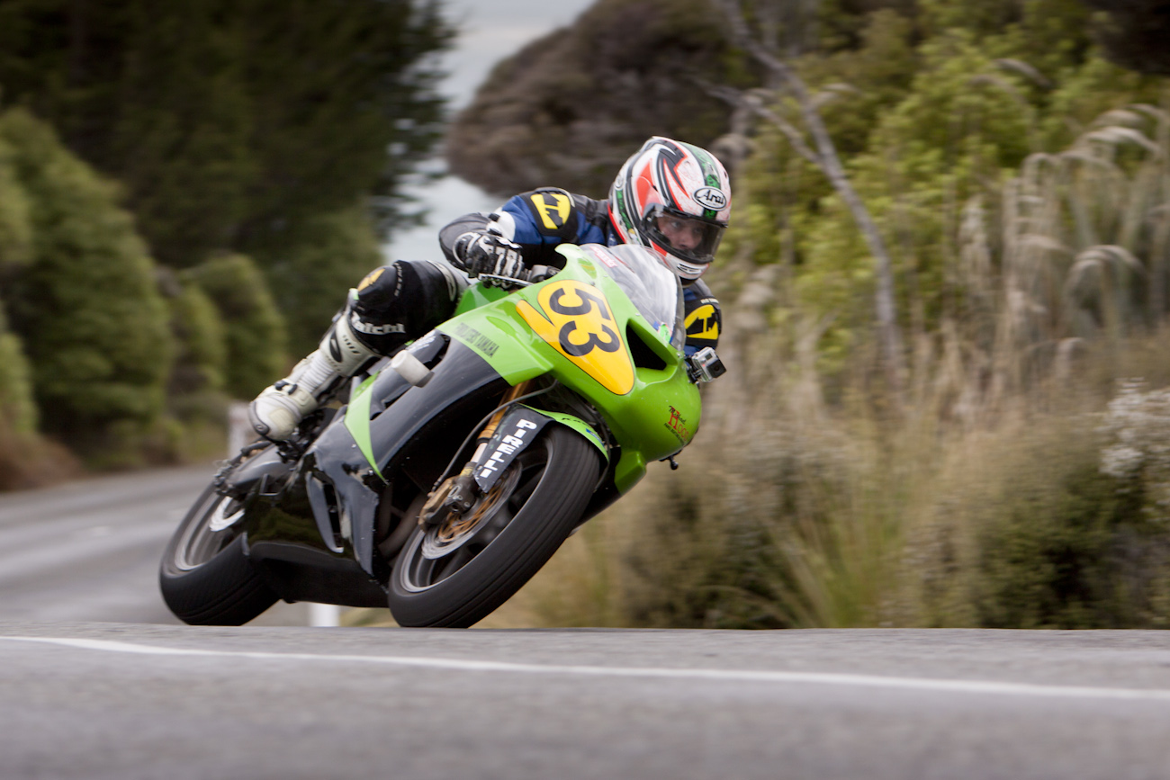 Bluff HIll Climb, Burt Munro Challenge, Flagstaff Road, Kawasaki ZX6RR 600, Mike Sullivan, Motupohue, New Zealand, NZ Hill Climb Champs, Open Class, Rider 53