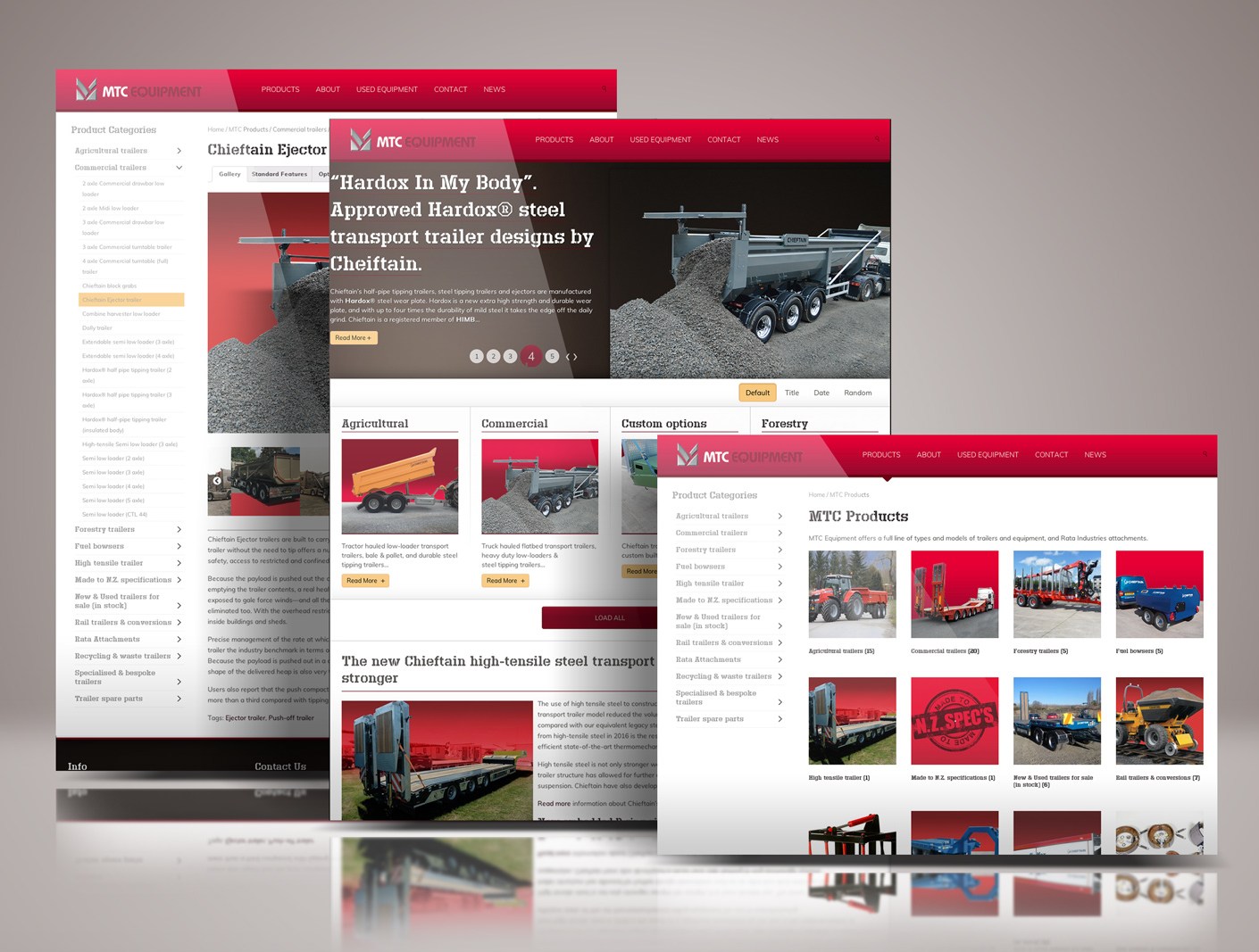 Showcase of MTC Equipment online catalogue website. The three pages portrayed are the homepage, a catalogue overview page and the Ejector Trailer catalogue item page. The three key elements to the responsive online catalogue’s ease of use.