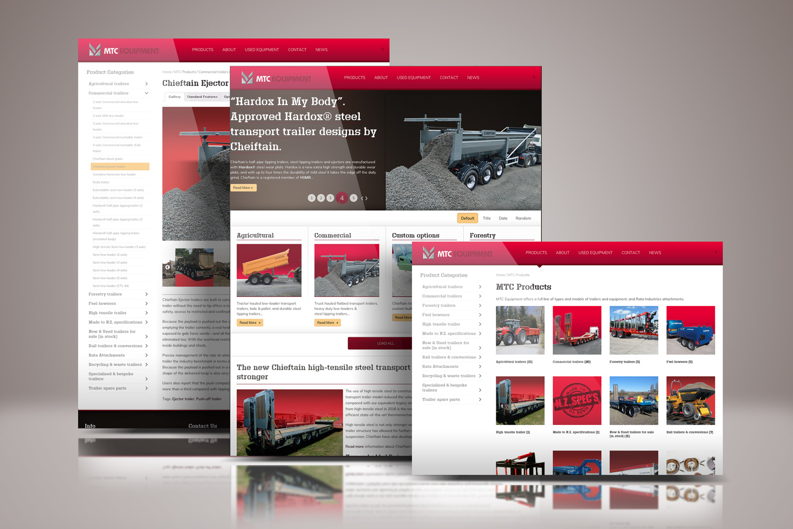 Showcase of MTC Equipment online catalogue website. The three pages portrayed are the homepage, a catalogue overview page and the Ejector Trailer catalogue item page. The three key elements to the responsive online catalogue’s ease of use.
