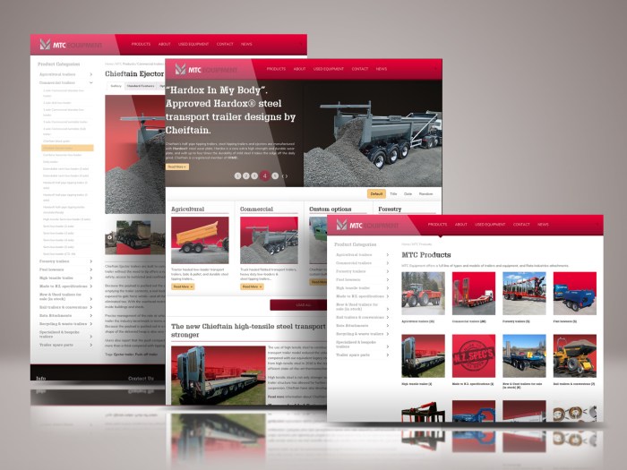 Showcase of MTC Equipment online catalogue website. The three pages portrayed are the homepage, a catalogue overview page and the Ejector Trailer catalogue item page. The three key elements to the responsive online catalogue’s ease of use.
