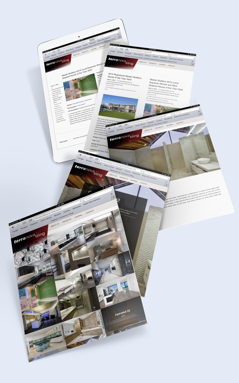 Terranova tiling website iPad mockup of a cascade of 5 pages with the Projects page at the top of the stack.