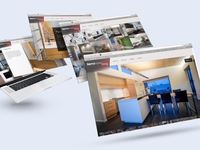 Terranova tiling website Laptop mockup of a cascade of 5 pages with the Homepage at the top of the stack.