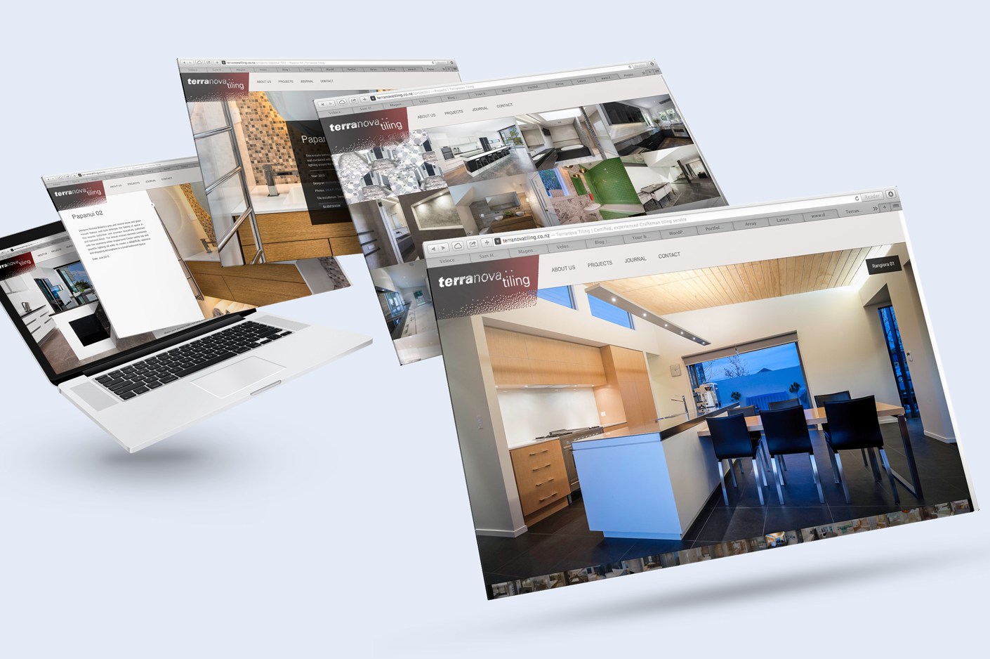 Terranova tiling website Laptop mockup of a cascade of 5 pages with the Homepage at the top of the stack.