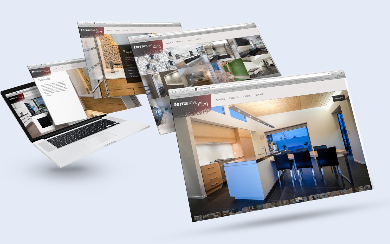 Terranova tiling website Laptop mockup of a cascade of 5 pages with the Homepage at the top of the stack.