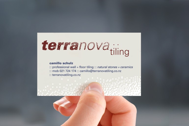The attractive Terranova Tiling logo and business card. Illustrations send a powerful message. Using artwork to stir a specific feeling—in this case quality craftsmanship and attention to detail. A minimal but well crafted page layout is more professional than a flashy design poorly built.