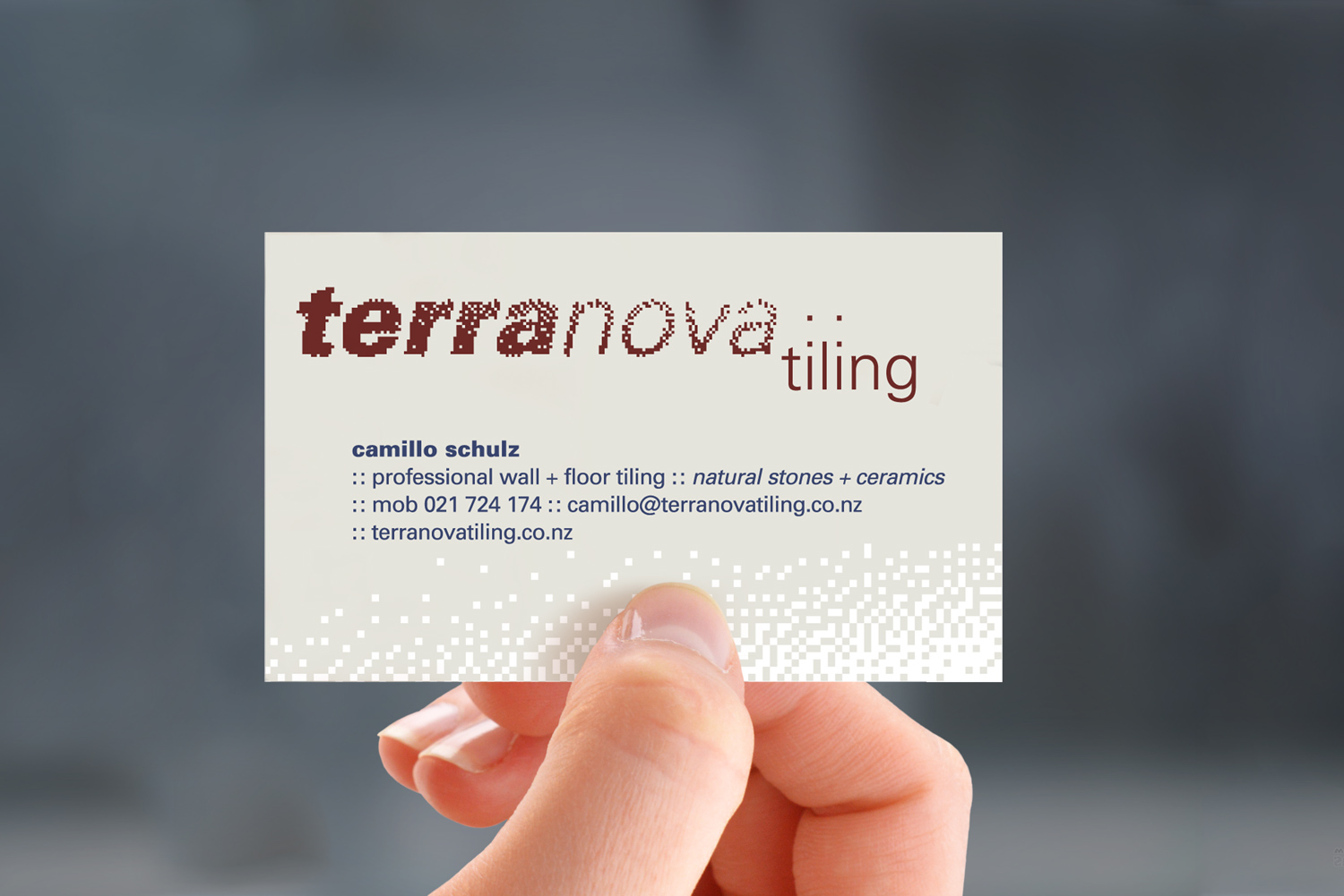 The attractive Terranova Tiling logo and business card. Illustrations send a powerful message. Using artwork to stir a specific feeling—in this case quality craftsmanship and attention to detail. A minimal but well crafted page layout is more professional than a flashy design poorly built.