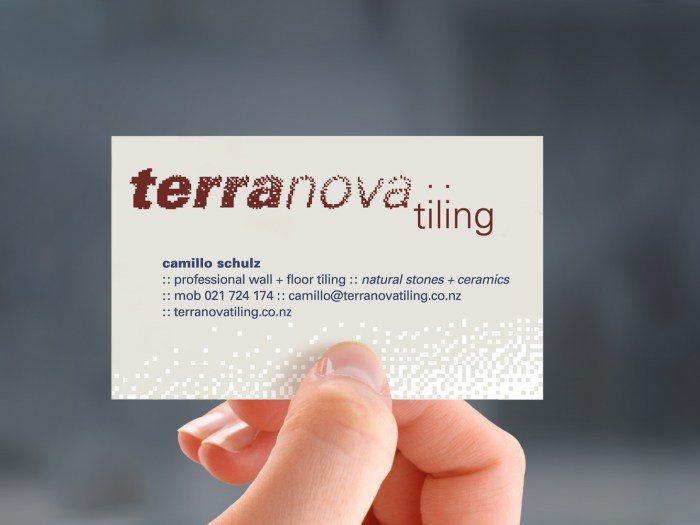 The attractive Terranova Tiling logo and business card. Illustrations send a powerful message. Using artwork to stir a specific feeling—in this case quality craftsmanship and attention to detail. A minimal but well crafted page layout is more professional than a flashy design poorly built.