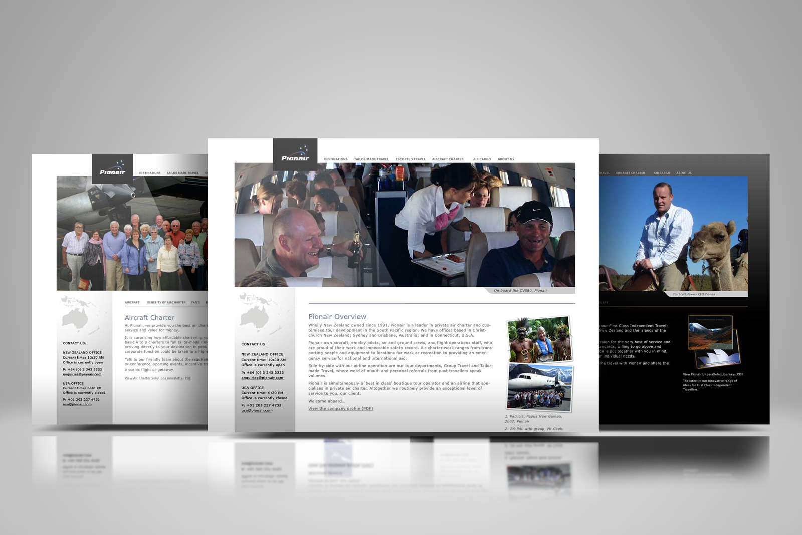 Pionair.com website, New Zealand homepage, Private air inflight service photo centre, Pionair Aircraft Charter page to the left, Tailormade travel page to the right.