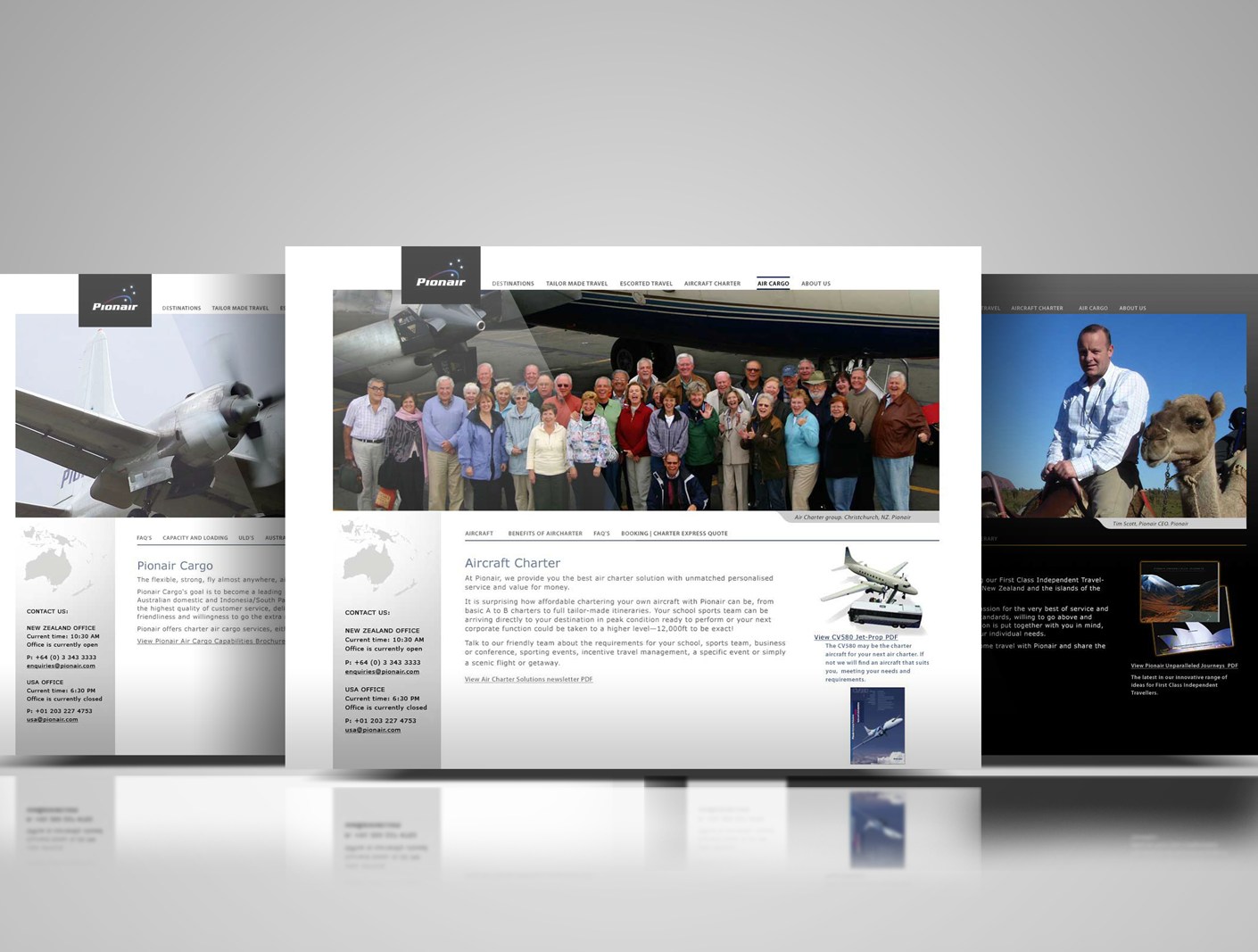 Pionair website, aircraft charter page, Tauck group photo centre, Pionair Cargo page to the left, Tailormade travel page to the right.