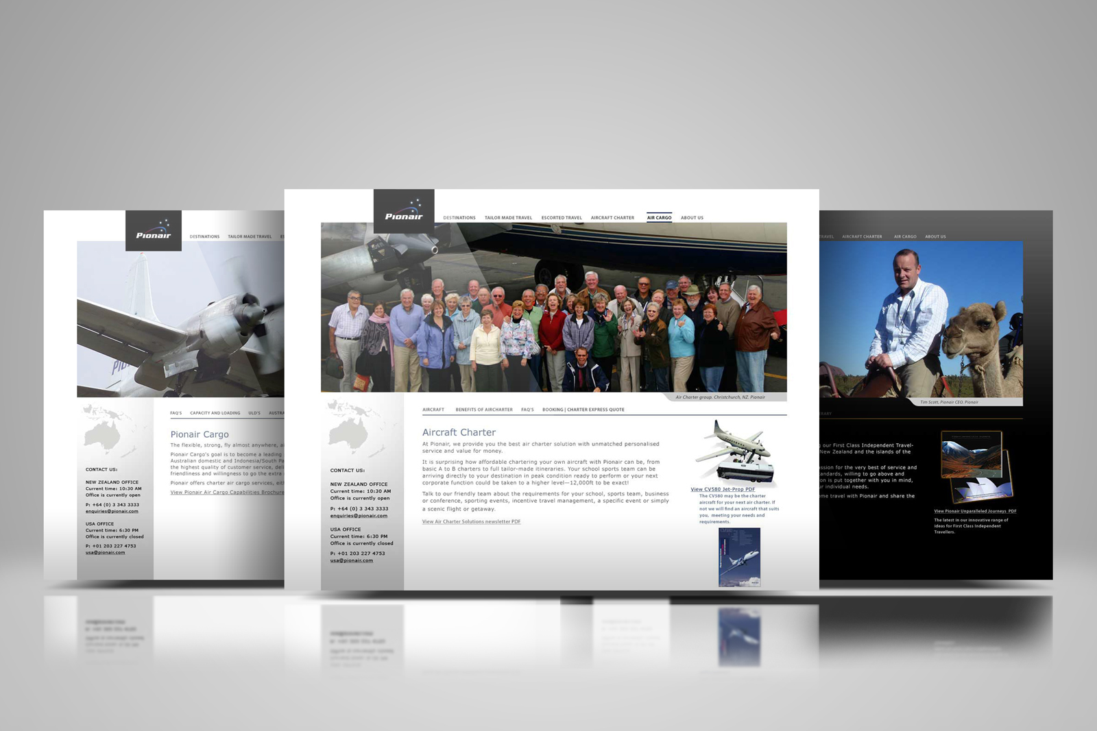 Pionair website, aircraft charter page, Tauck group photo centre, Pionair Cargo page to the left, Tailormade travel page to the right.