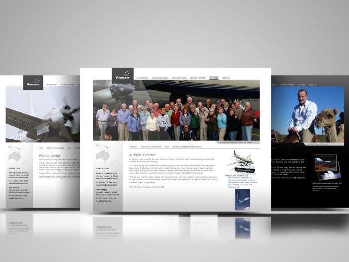 Pionair website, aircraft charter page, Tauck group photo centre, Pionair Cargo page to the left, Tailormade travel page to the right.