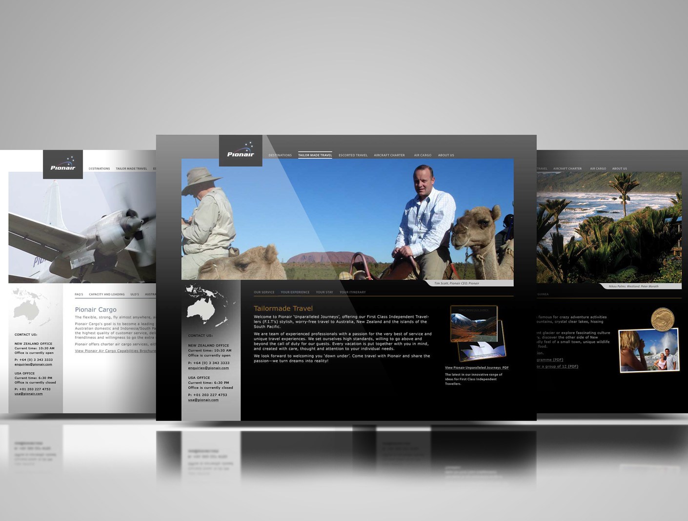 Pionair website, Tailormade Travel page, Uluru adventure photo centre, Pionair Cargo page to the left, Destinations page to the right.