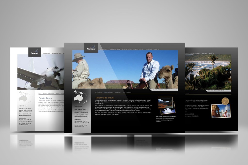 Pionair website, Tailormade Travel page, Uluru adventure photo centre, Pionair Cargo page to the left, Destinations page to the right.