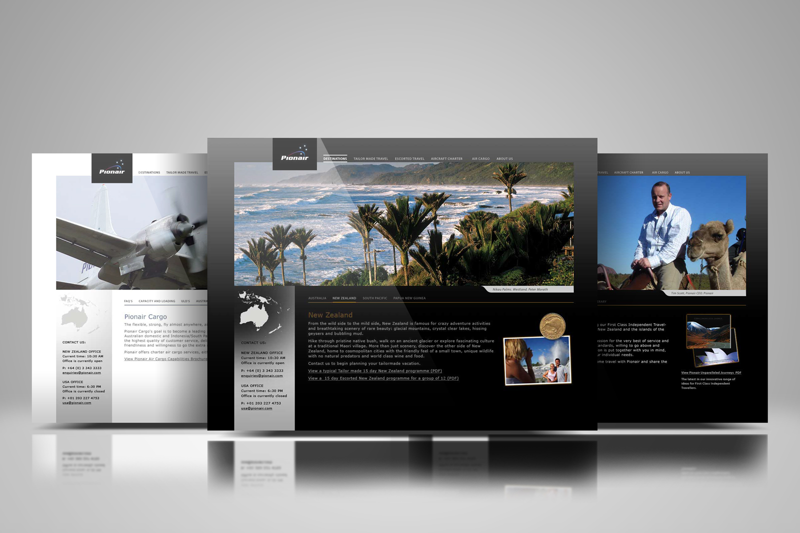 Pionair.com website, New Zealand / Destinations / New Zealand page, West Coast scenic photo centre, Pionair Air Cargo page to the left, Tailormade travel page to the right.