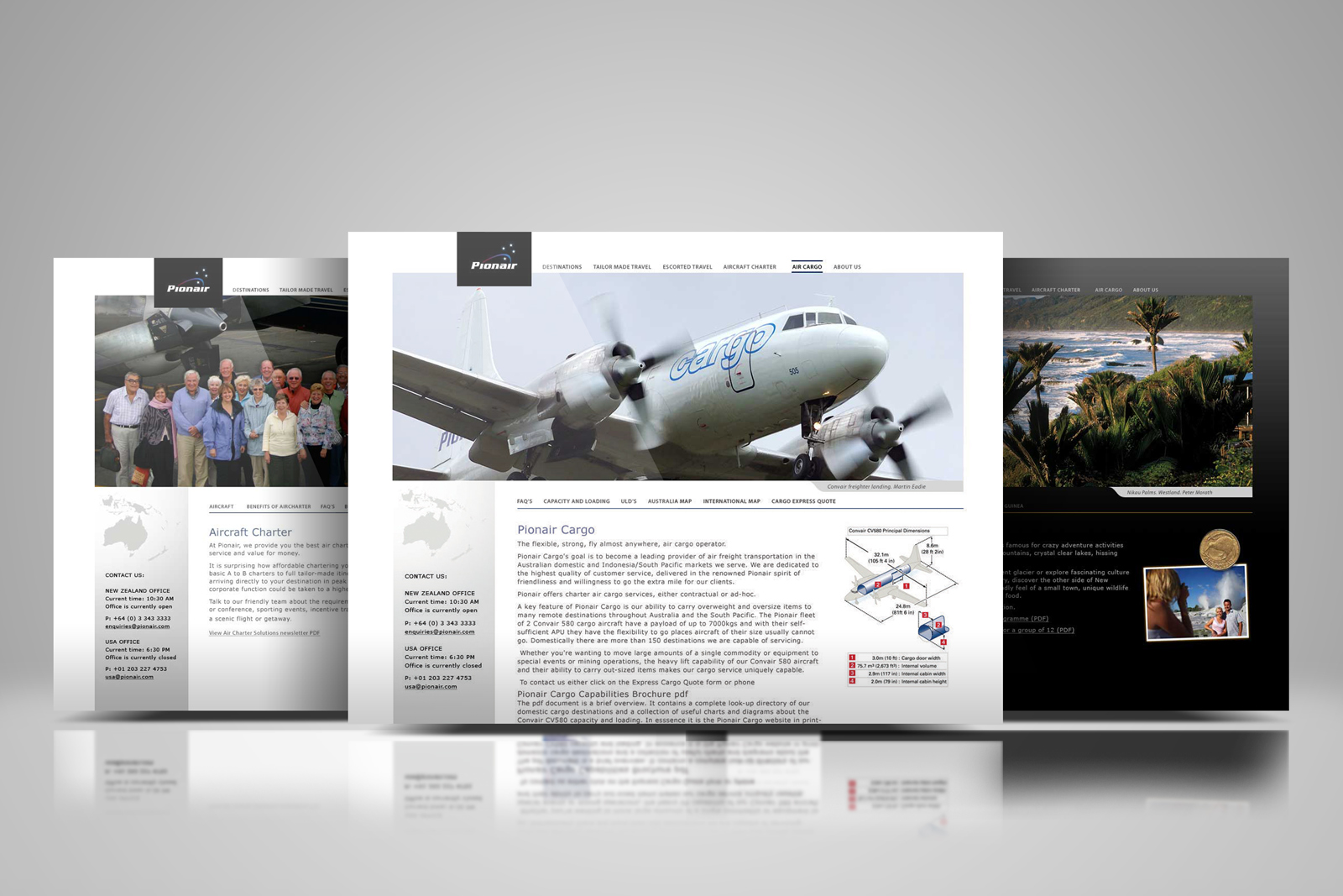 Pionair website, Pionair Cargo page common to both the .com, and the .com.au sites, Air Charter page to the left, Tailormade travel / Destinations / New Zealand page to the right.