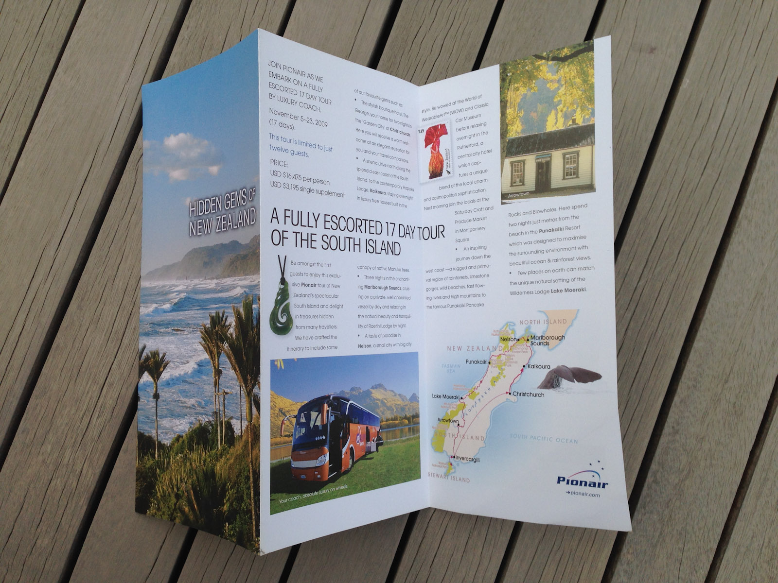 Hidden Gems of New Zealand, one of a set of 3 escorted tour direct mail brochures designed for the 2009 direct mail campaign to Pionair’s past traveller database and affluent travel agents in the U.S. and the rest of the world