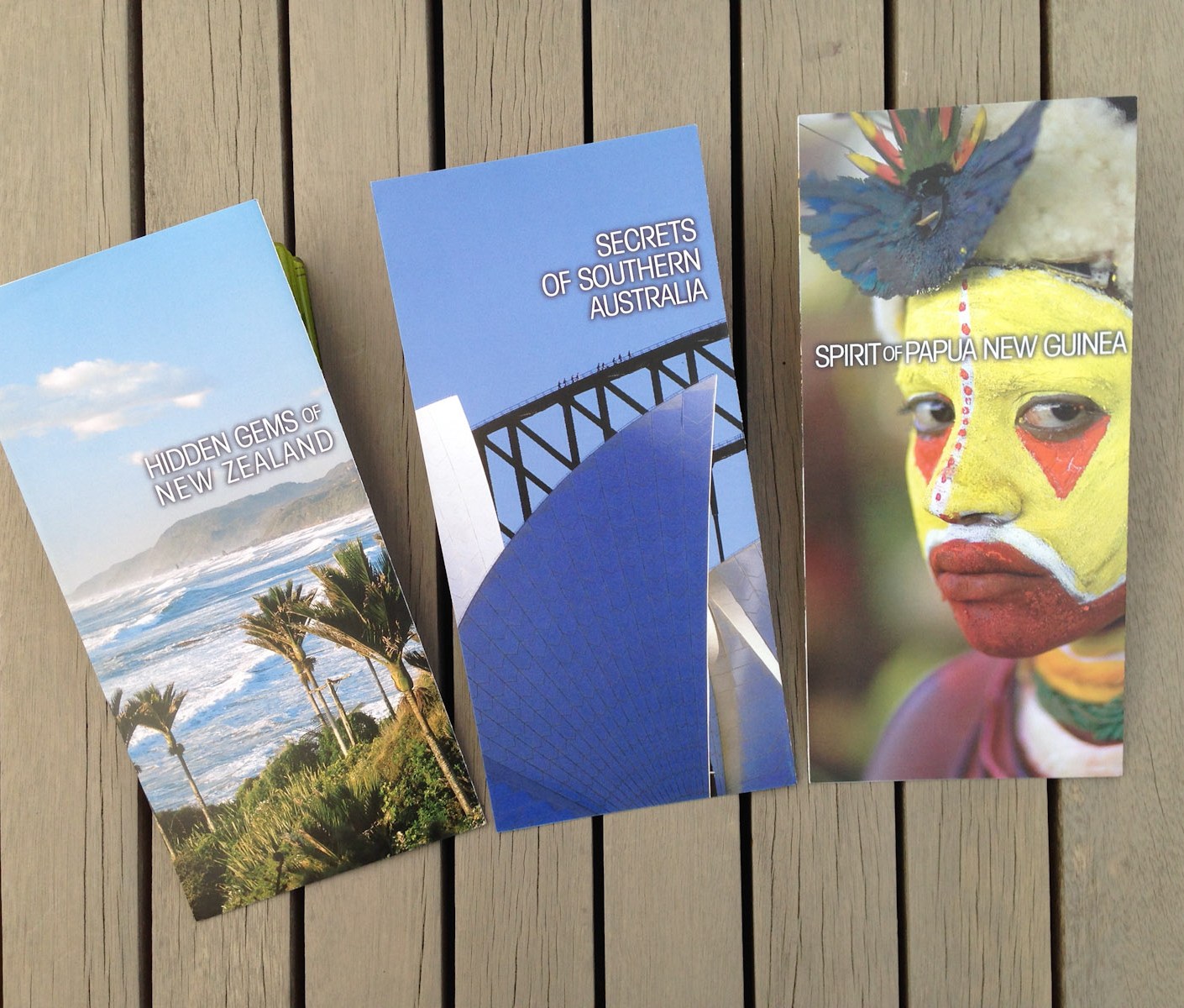 Hidden Gems set of 3 escorted tour direct mail brochures, 2009 direct mail campaign to Pionair’s past traveller database and affluent travel agents in the U.S. and the rest of the world, this set of brochures comprises; Hidden Gems of New Zealand, Secrets of Southern Australia and Spirit of Papua New Guinea