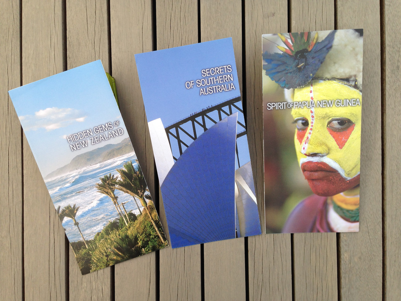 Hidden Gems set of 3 escorted tour direct mail brochures, 2009 direct mail campaign to Pionair’s past traveller database and affluent travel agents in the U.S. and the rest of the world, this set of brochures comprises; Hidden Gems of New Zealand, Secrets of Southern Australia and Spirit of Papua New Guinea