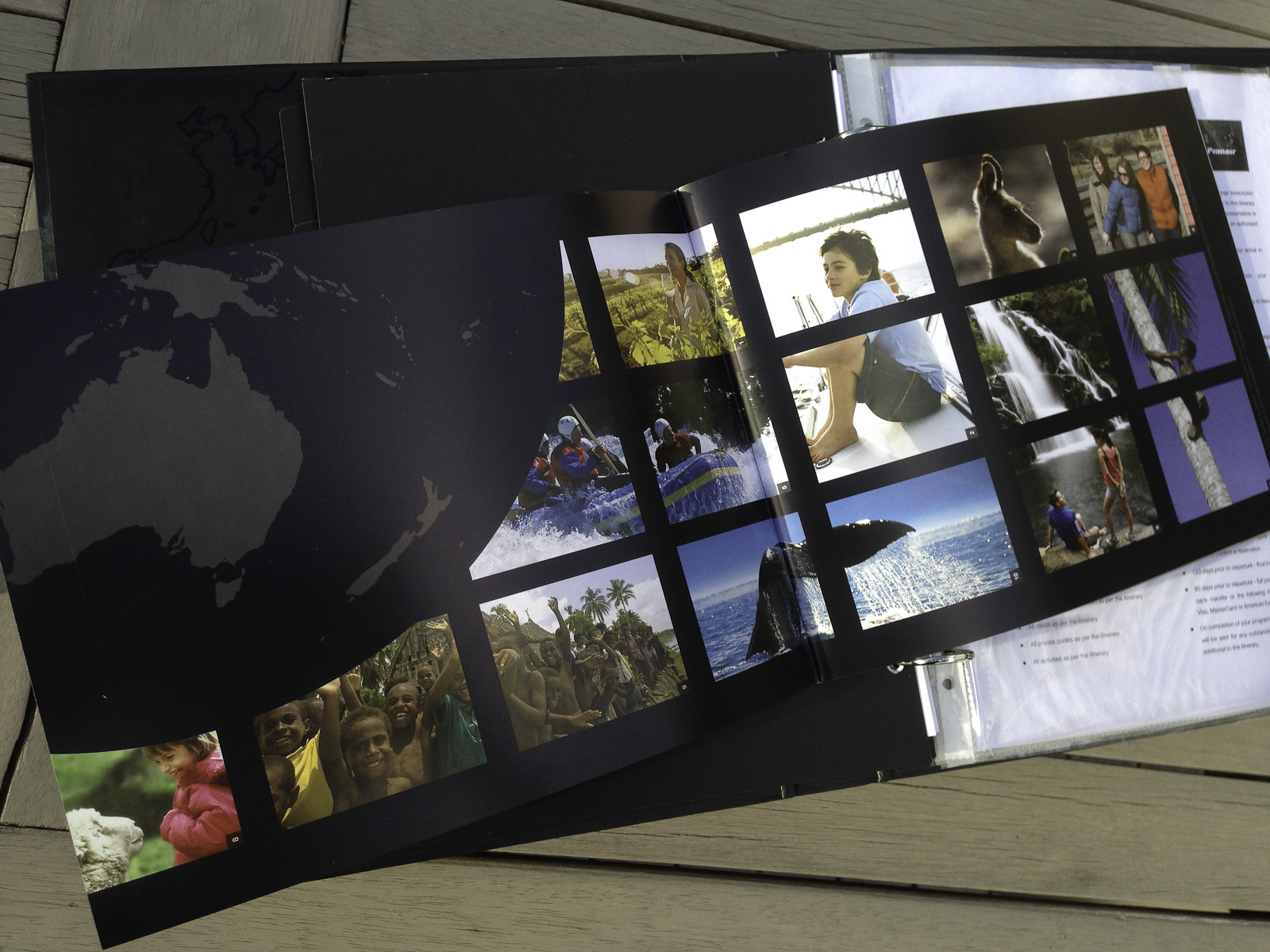 Pionair Unparalleled Journeys travel brochure, booklet format inside front cover spread, regional map and image grid.