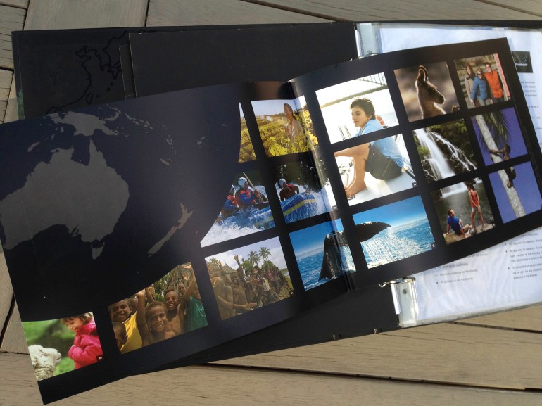 Pionair Unparalleled Journeys travel brochure, booklet format inside front cover spread, regional map and image grid.