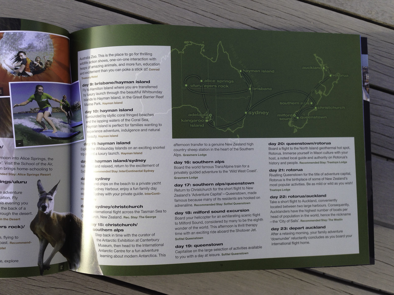 Pionair Unparalleled Journeys travel brochure, booklet format. Australia and New Zealand page with map.