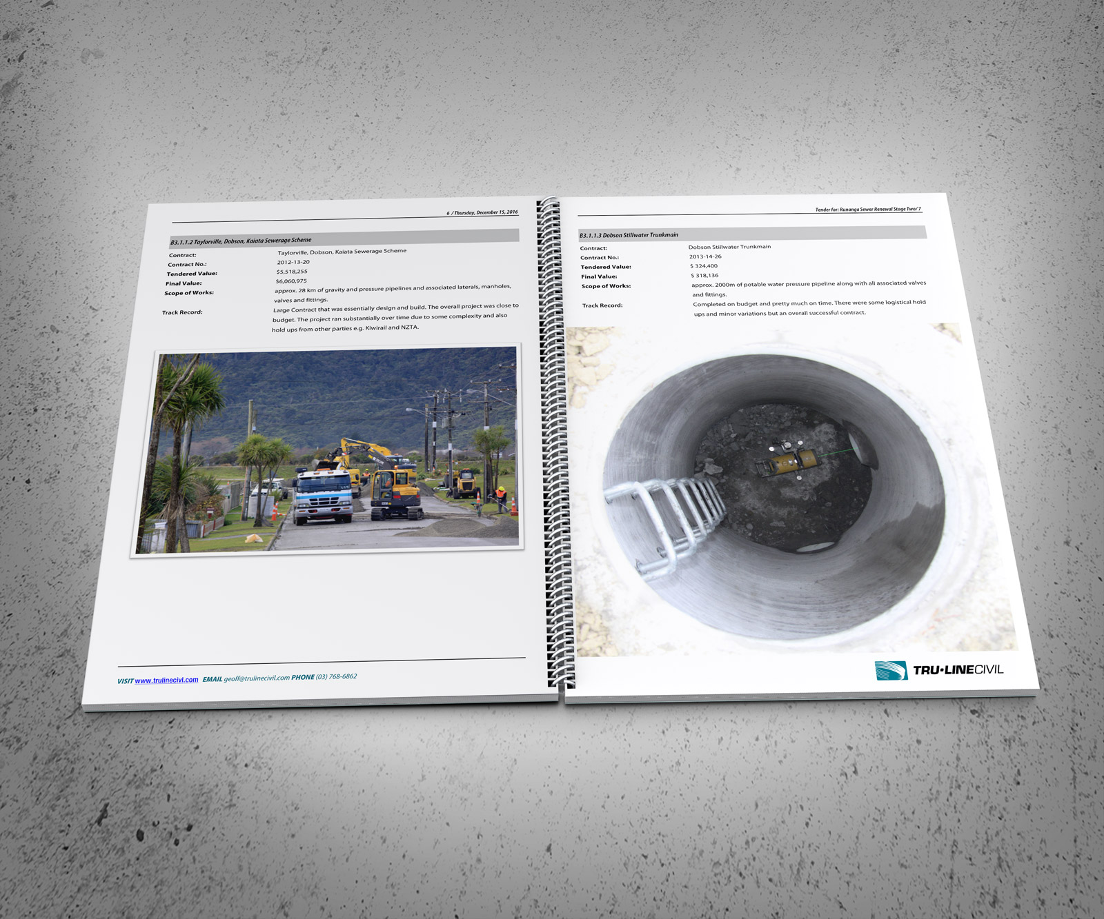 Typical track record spread. TruLine Civil Tender bid document