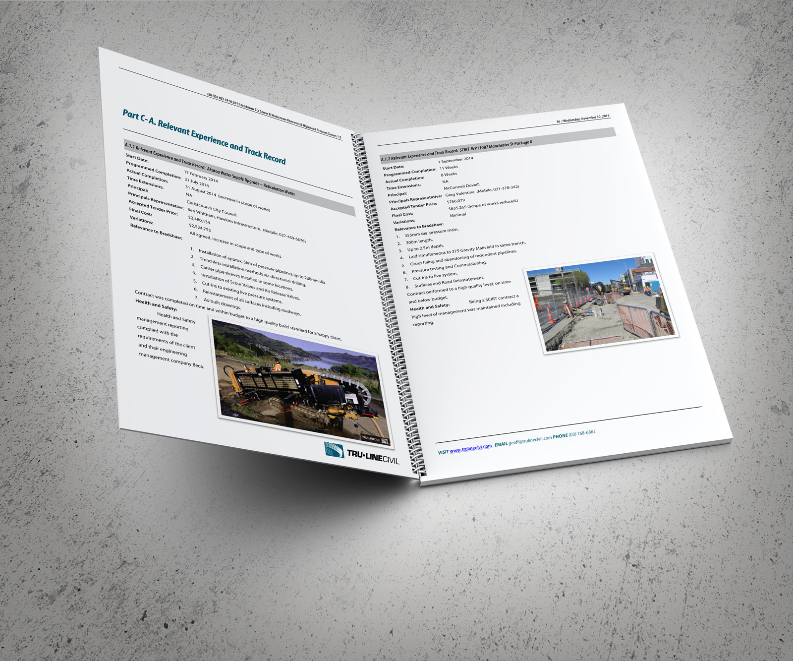 Typical Relevant Experience and Track record spread. TruLine Civil Tender bid document