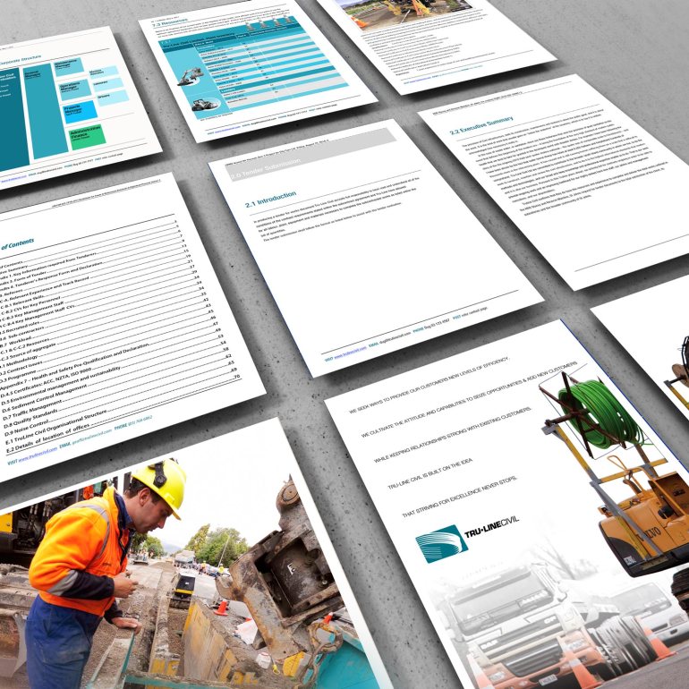 Perspective M=montage of 9 sample pages of the TruLine Civil Tender bid document
