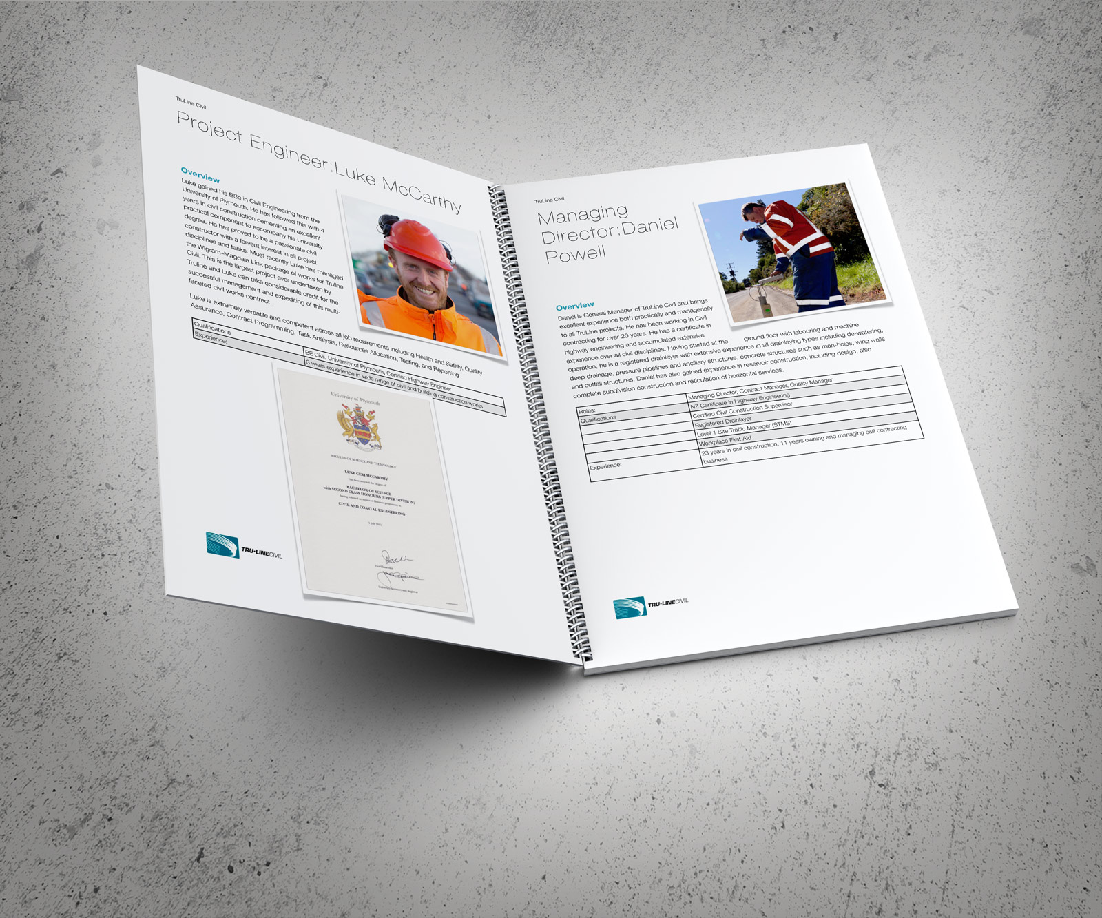 TruLine Key Personnel CV document, inside spread showing 2 CVs.