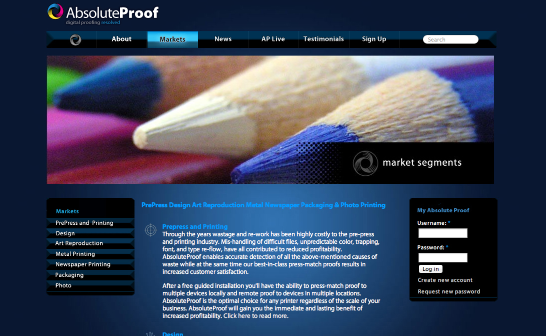 AbsoluteProof website, Markets page header detail.