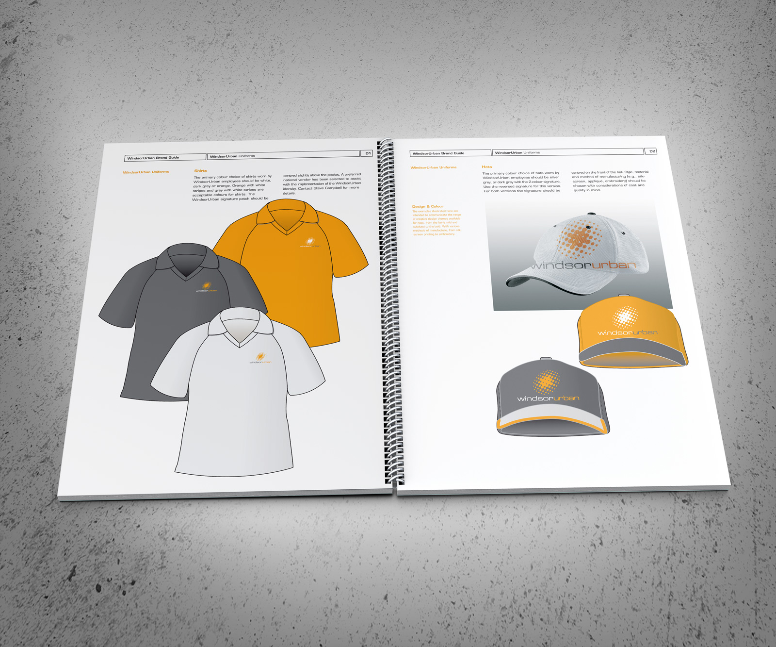 Windsor Urban brand use document apparatel specifications spread.