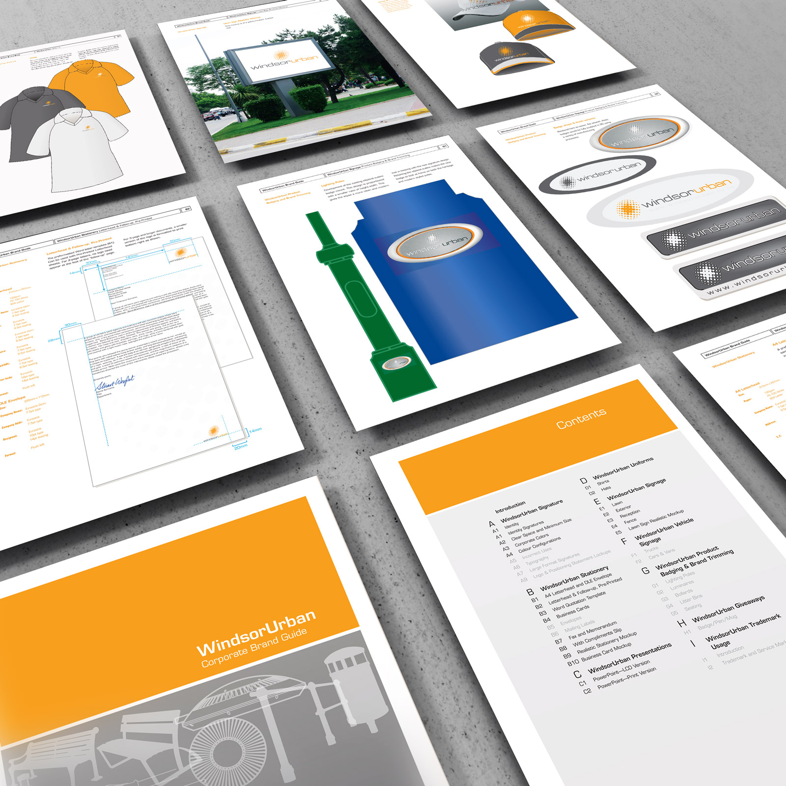 Windsor Urban brand use document nine page montage.