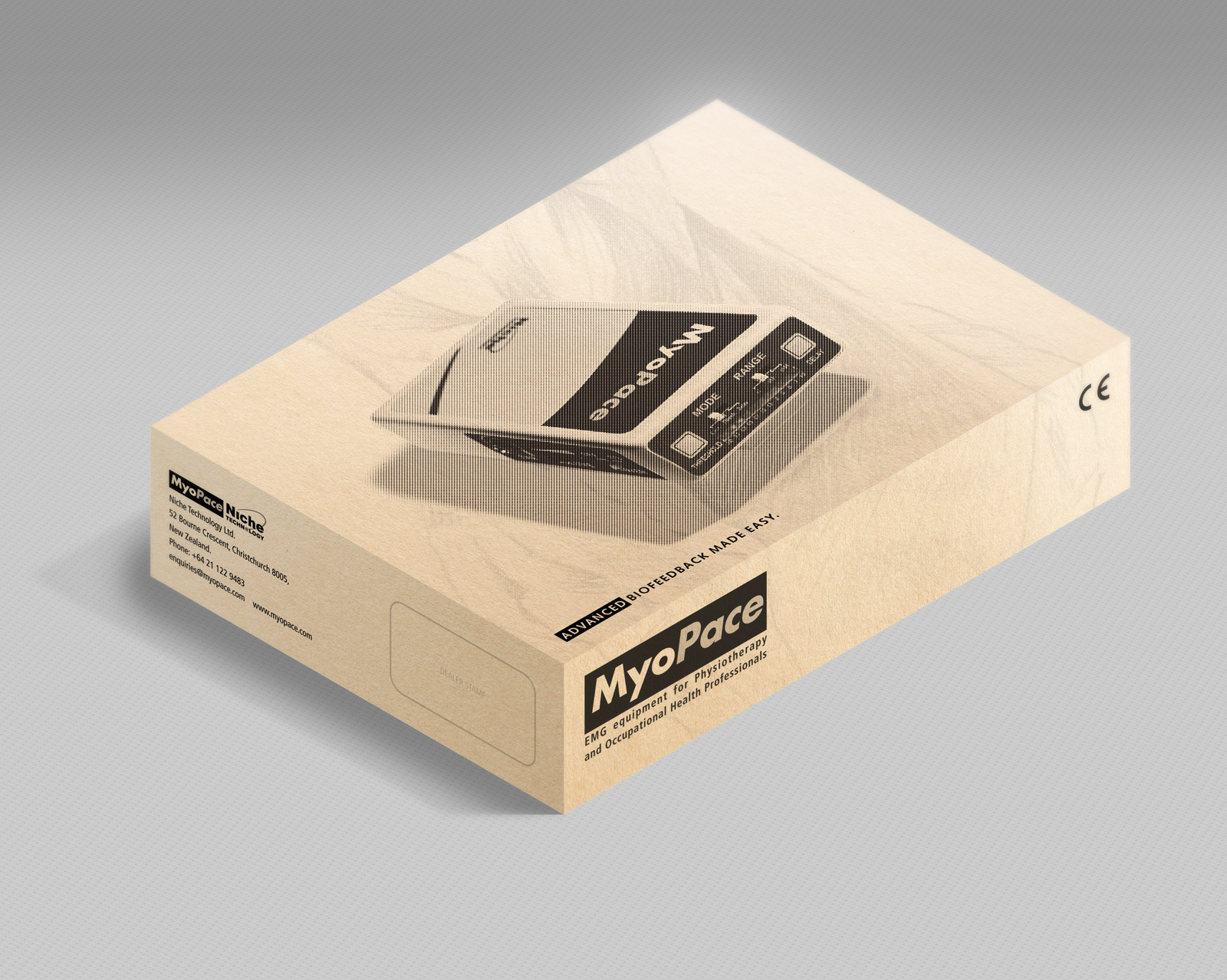 MyoPace outer-shipping carton. Printed one colour, black, onto corrugated Kraft board.