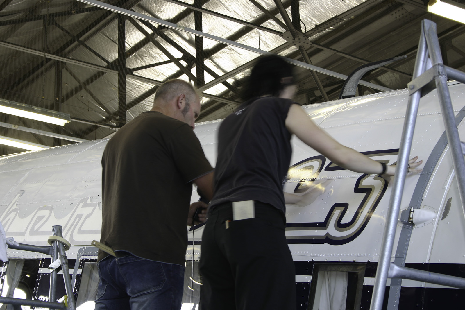 Southern DC3 ZK-AMY livery application, in the Hangar at Wigram
