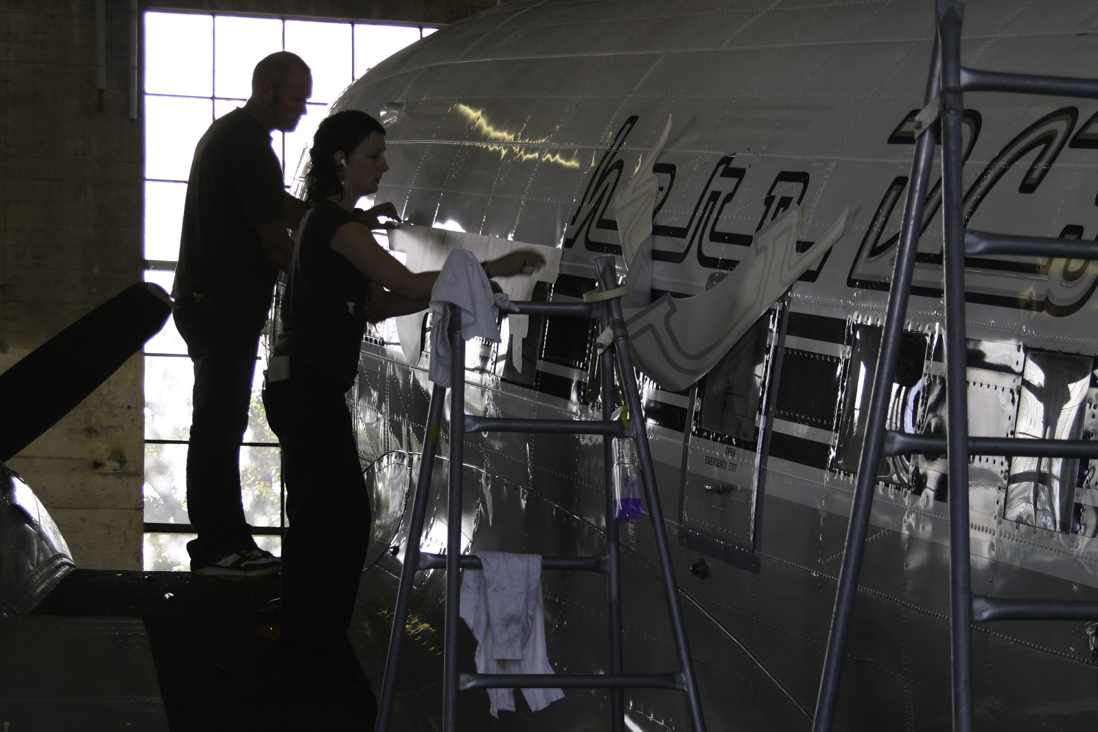 Southern DC3 ZK-AMY livery application, in the Hangar at Wigram, Chistchurch, New Zealand.