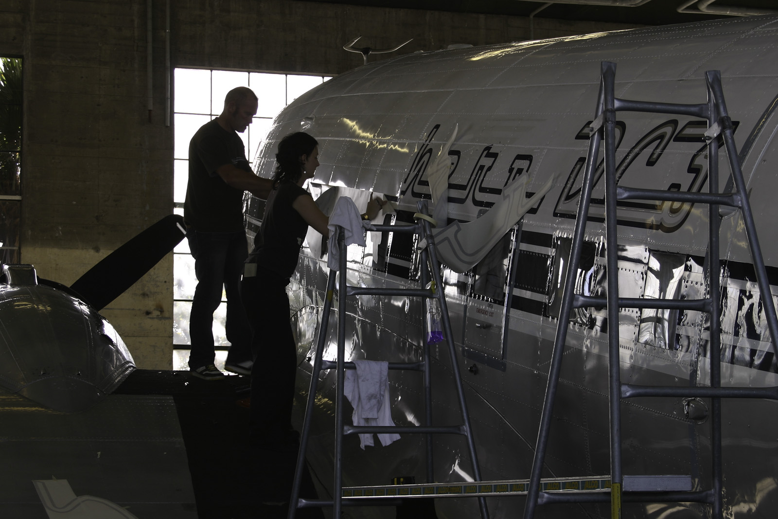 Southern DC3 ZK-AMY livery application, in the Hangar at Wigram