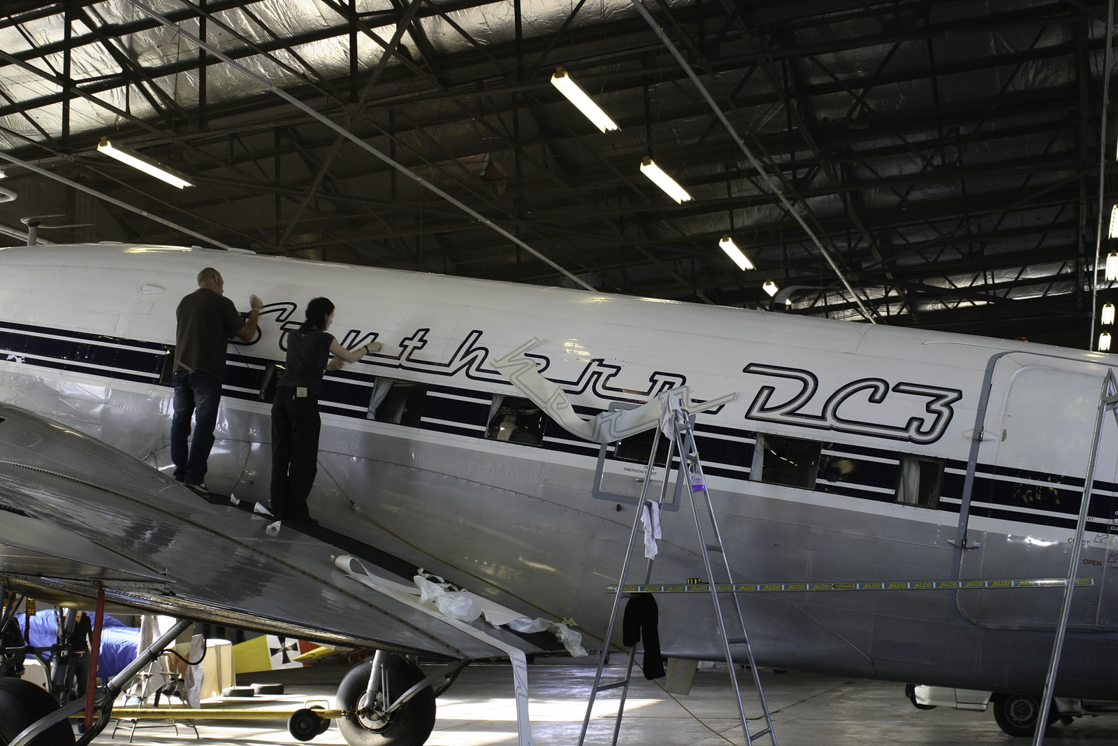 Southern DC3 ZK-AMY livery application, in the Hangar at Wigram