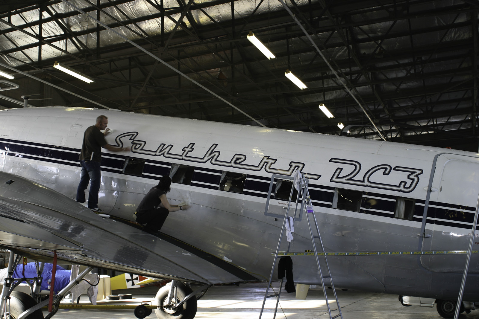 Southern DC3 ZK-AMY livery application, in the Hangar at Wigram